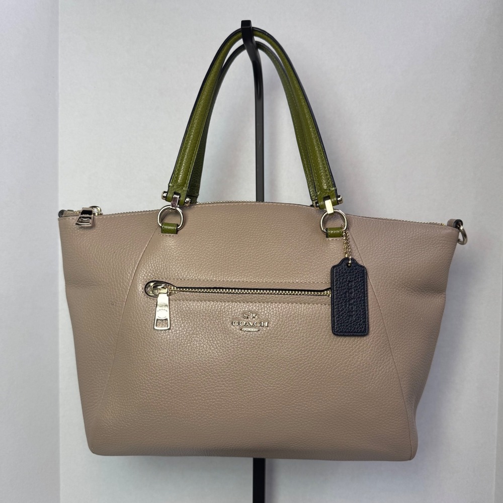 Coach Prairie Satchel Taupe & Olive Green Pebble Leather Tote Bag Crossbody EUC